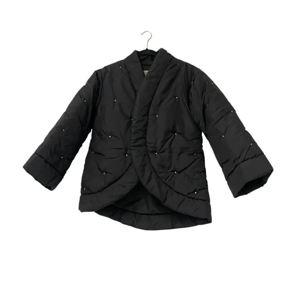 Vintage Bill Blass Womens Quilted Jacket Size 6 Black Nylon Rhinestone Studs EUC